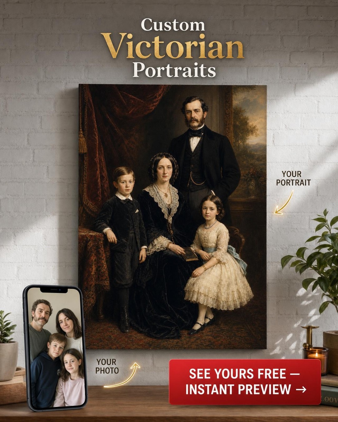 Victorian Family Studio Portrait Custom Portrait from Photo | Personalized Canvas Gift
