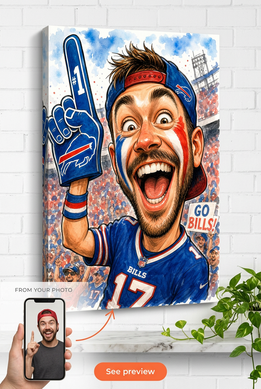 Custom Caricature Portrait for Man — Festive Sports Fan Canvas
