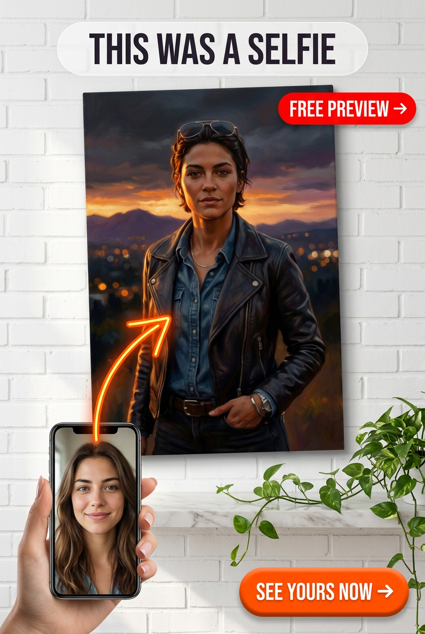 Custom Sunset Woman Portrait Canvas — Heroic Leather Jacket Art