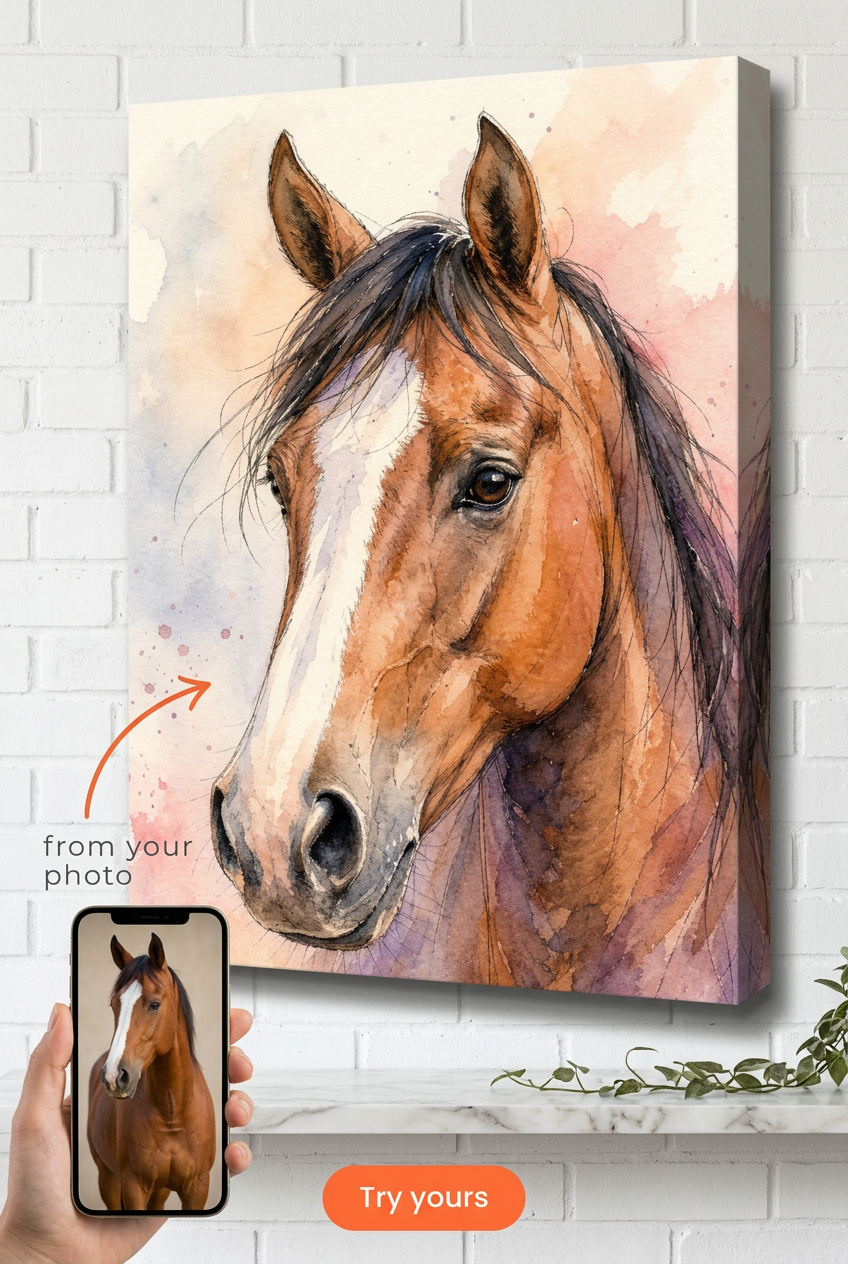 Custom Watercolor Horse Portrait — Serene Pet Canvas from Photo