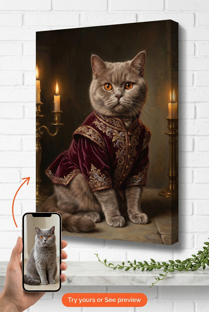 Custom Royal Pet Cat Portrait — Regal Canvas from Photo