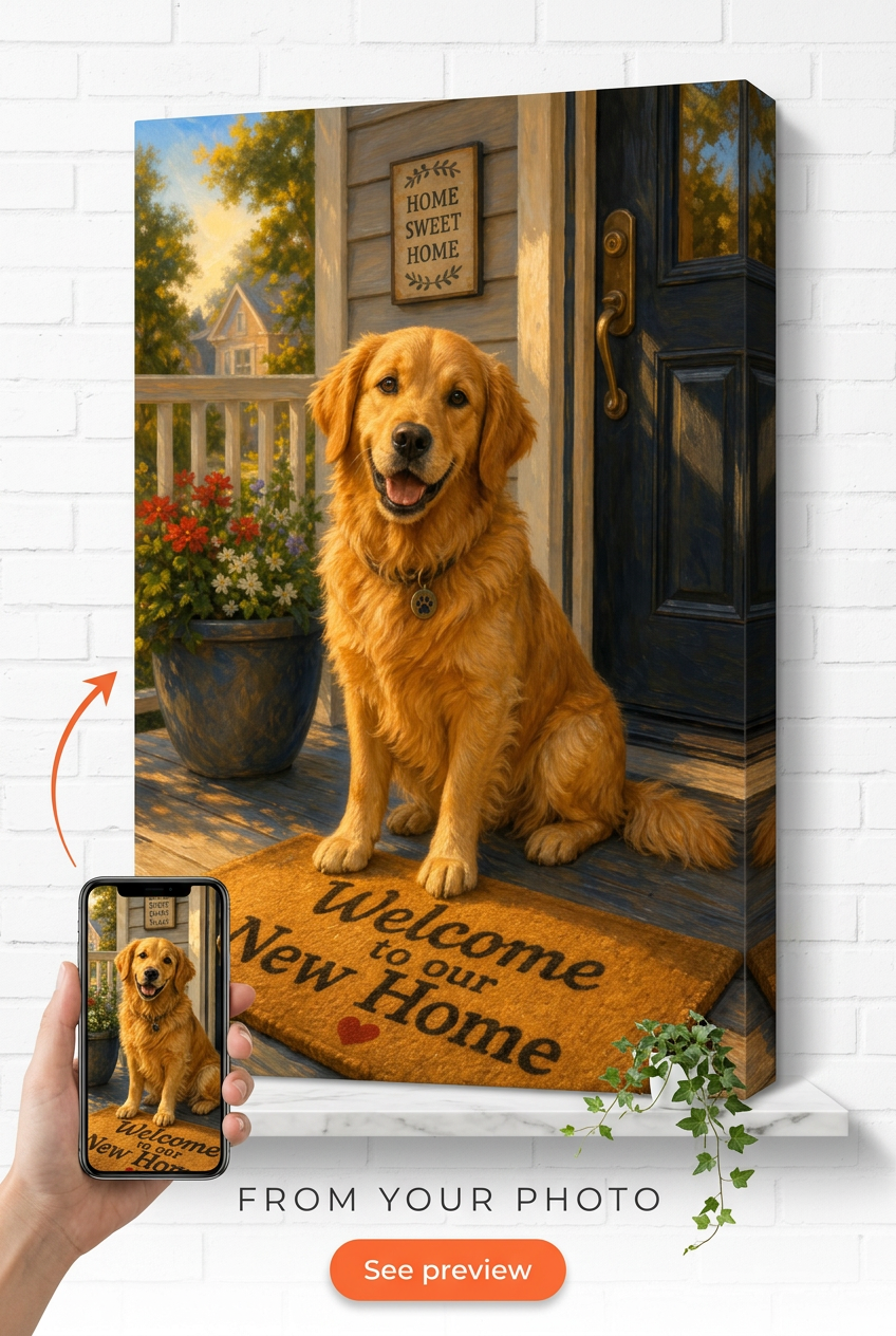 Custom NewHome Pet-Dog Portrait — Serene Welcome Canvas from Photo