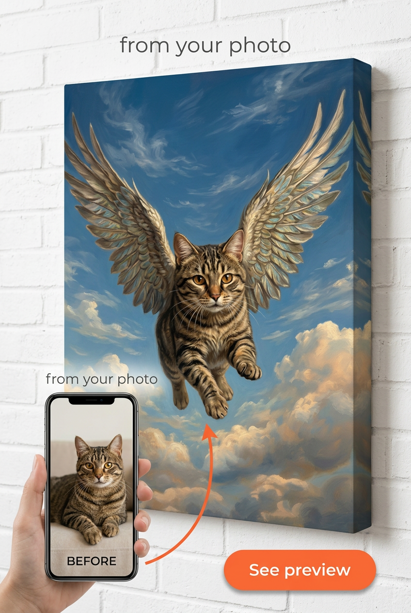 Custom Fantasy Pet Cat Portrait — Whimsical Angel Wings Canvas