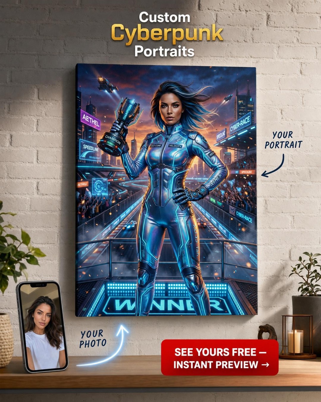 Custom Cyberpunk Single Man Portrait — Heroic Futuristic Canvas