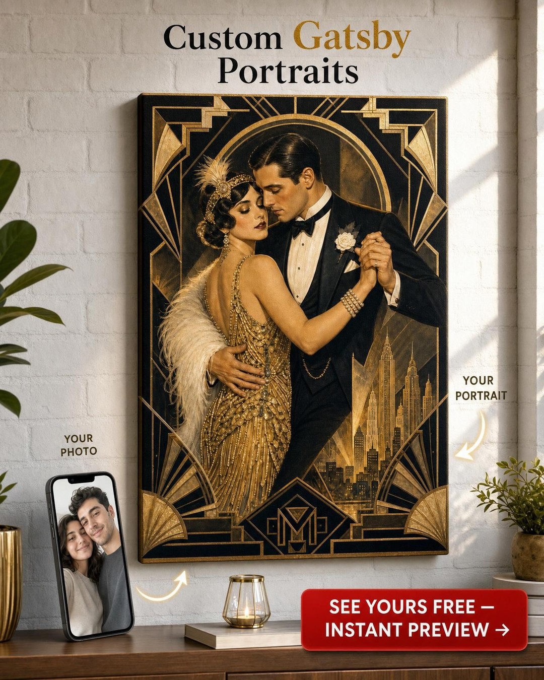 Jazz Age Couple Art Deco Custom Portrait from Photo | Personalized Canvas Gift