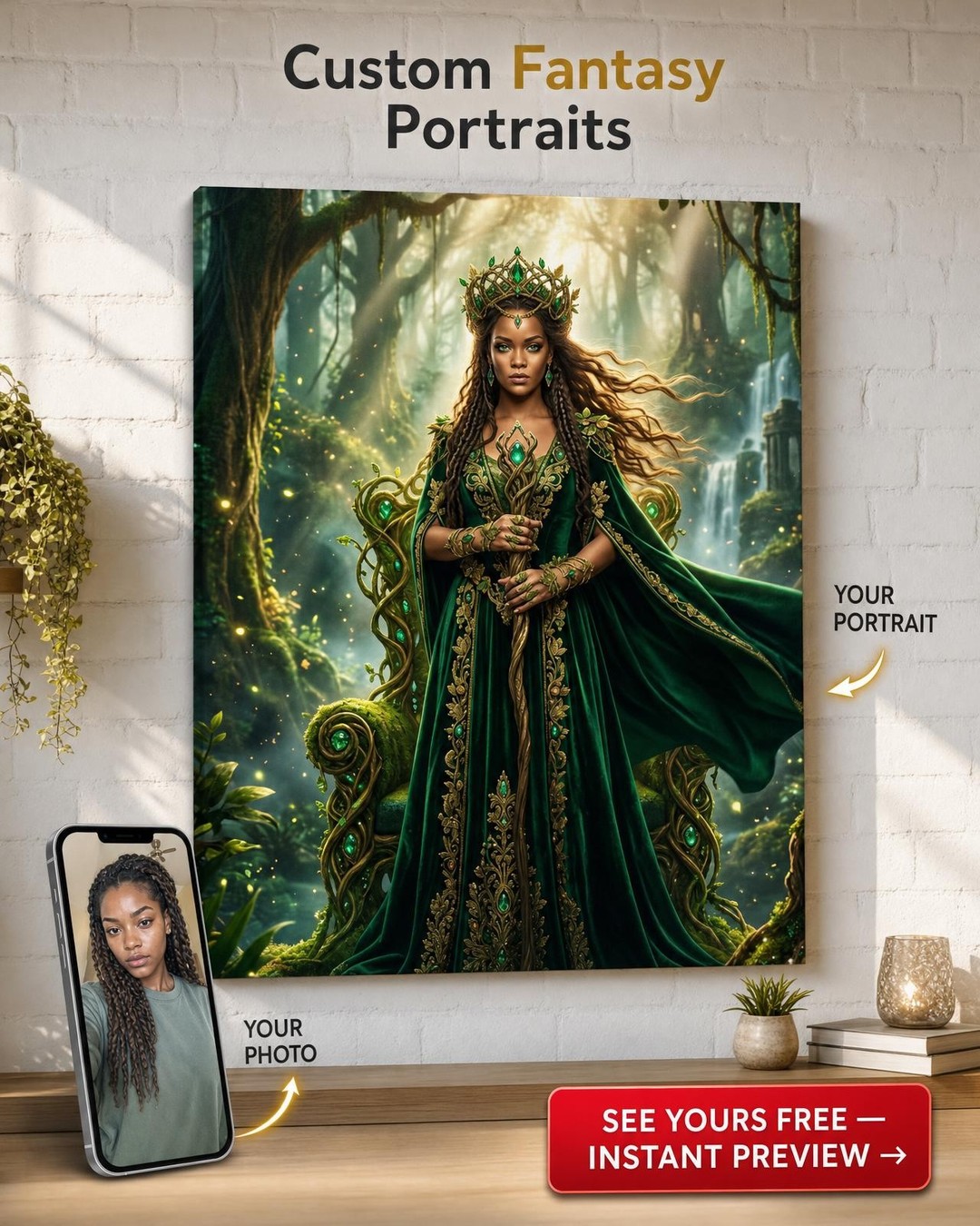 Custom Fantasy Woman Portrait — Regal Crown & Forest Canvas