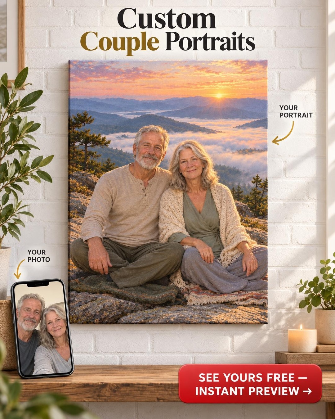 Sunrise Meditation Couple Custom Portrait from Photo | Personalized Serenity Gift