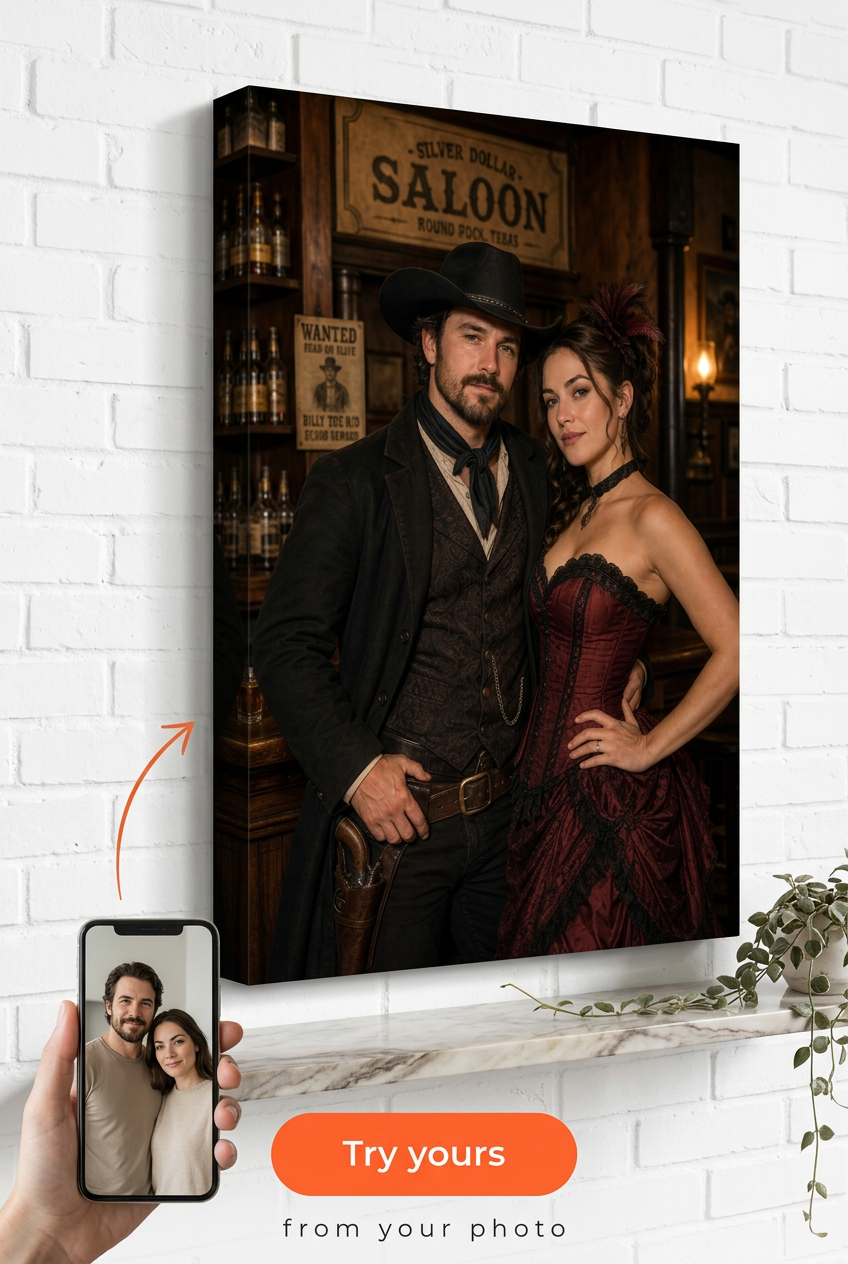 Custom Cowboy Couple Portrait — Romantic Wild West Canvas