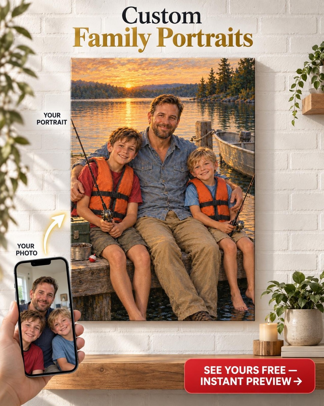 Dad and the Kids Fishing Custom Portrait from Photo | Personalized Fishing Together Portrait Gift