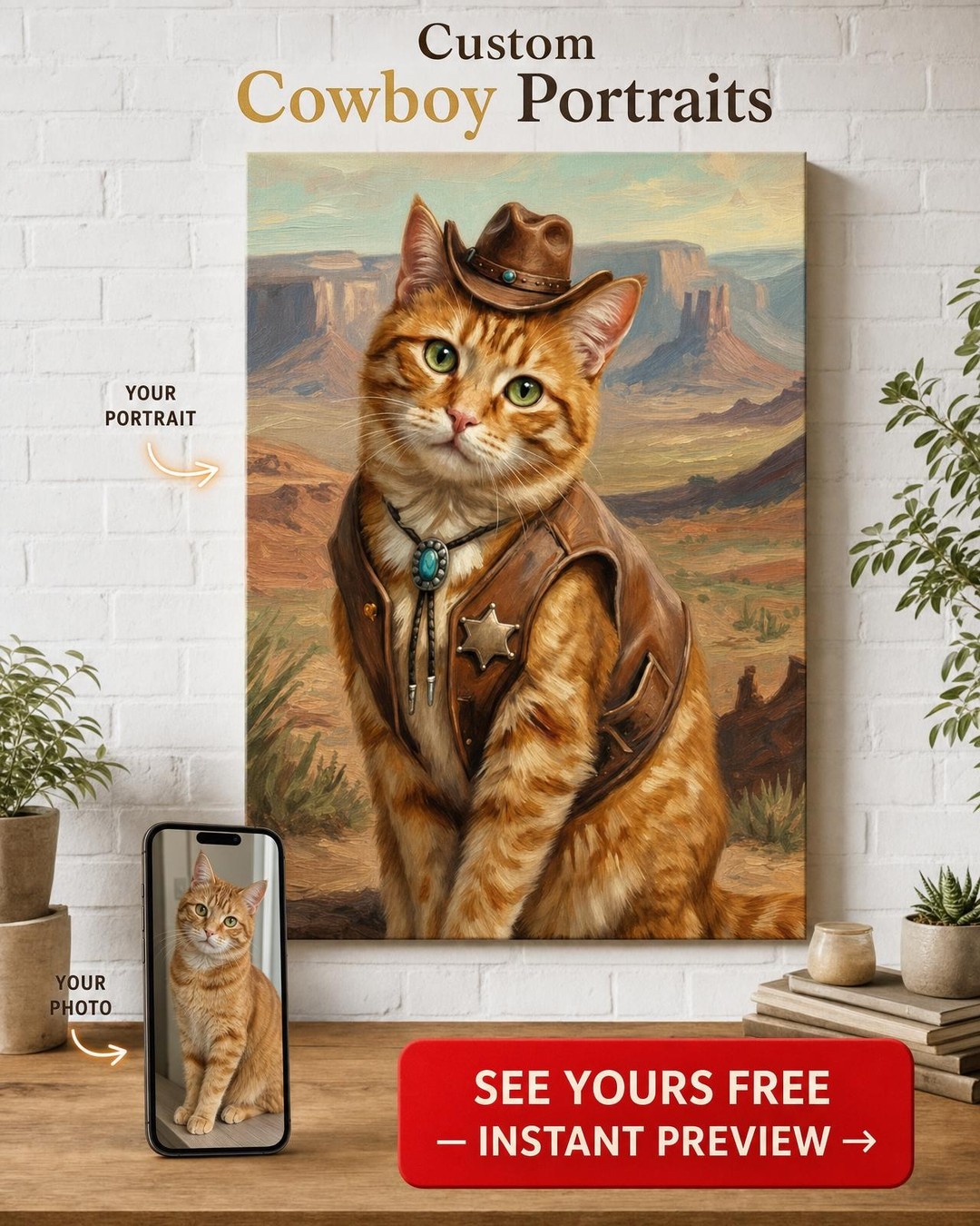 Custom Cowboy Cat Portrait — Whimsical Western Canvas from Photo