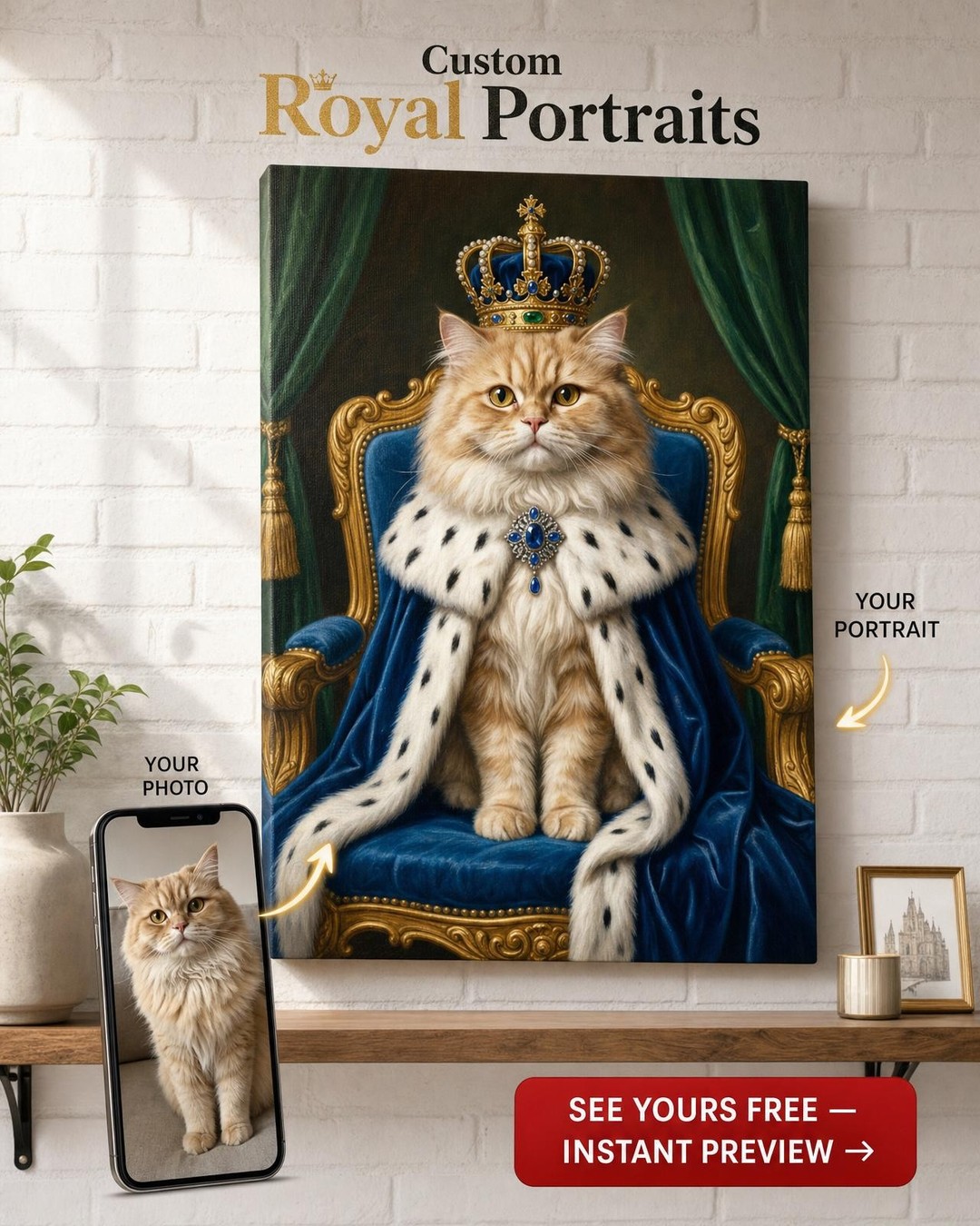 Custom Royal Pet Cat Portrait — Regal Throne Canvas from Photo