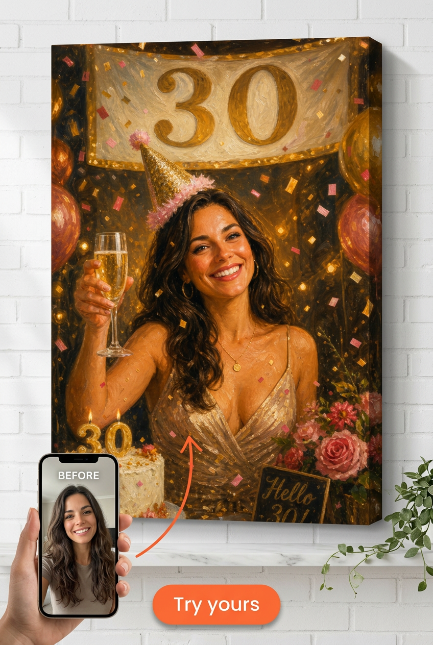 Custom Birthday Portrait for Woman — Festive Canvas from Photo