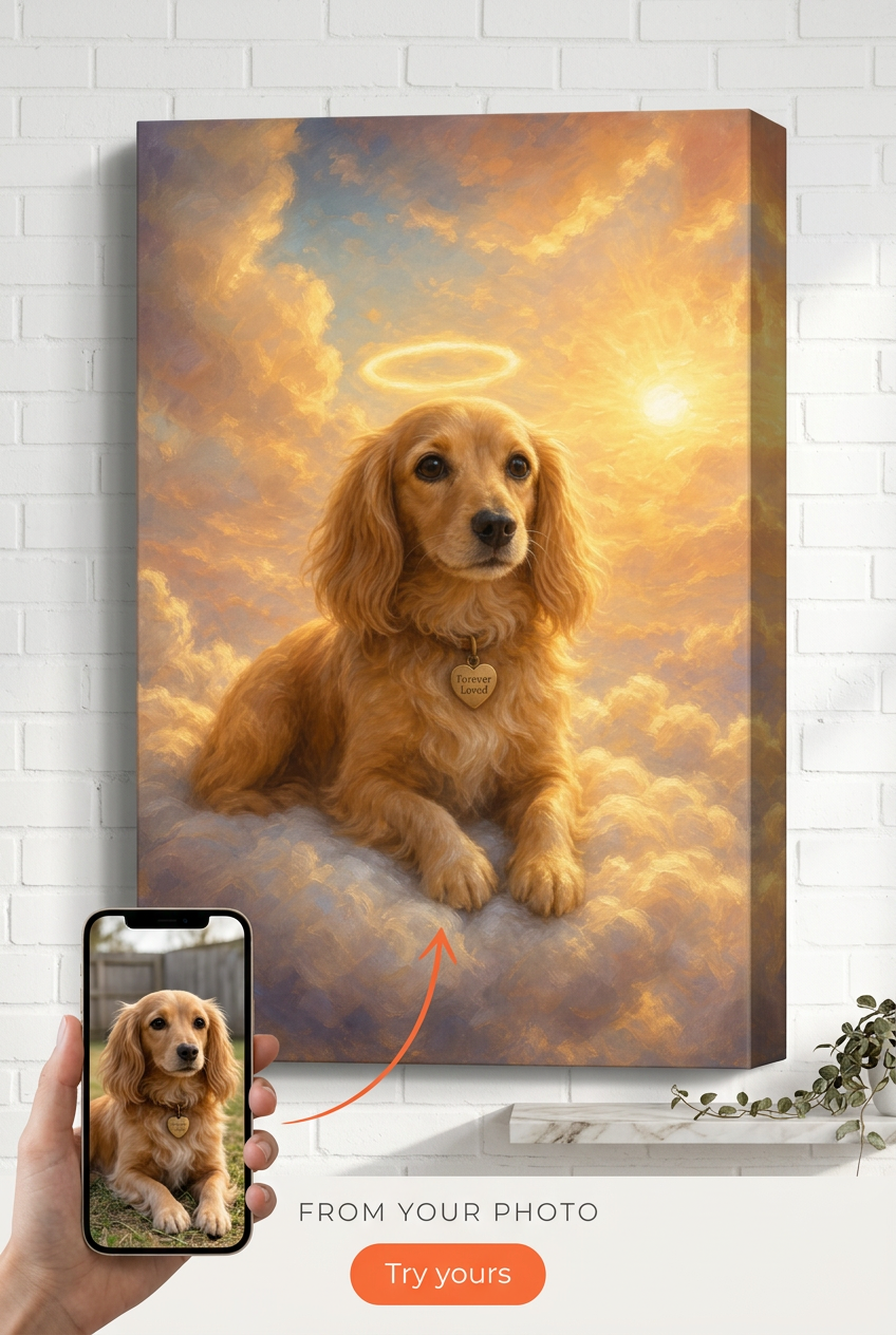 Custom Pet Memorial Dog Portrait — Serene Cloud Canvas from Photo