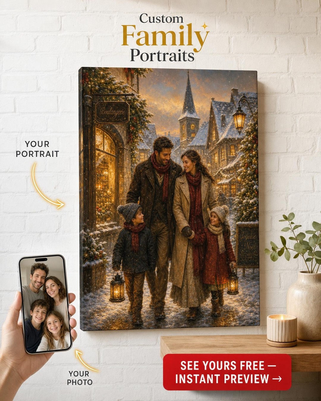 Custom Christmas Family Portrait — Festive Village Scene from Photo