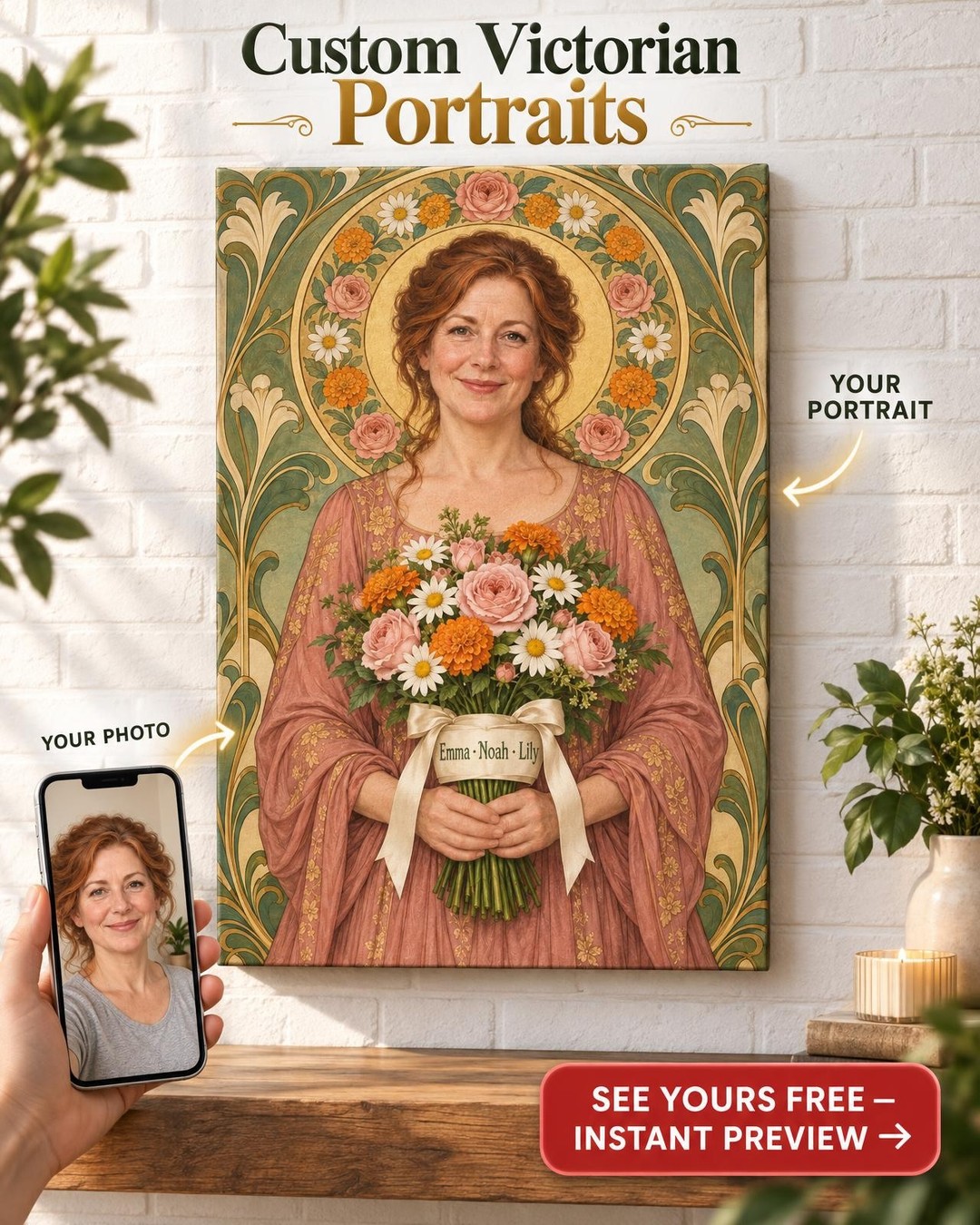 Art Nouveau Birth Flower Custom Portrait from Photo | Personalized Gift for Mom