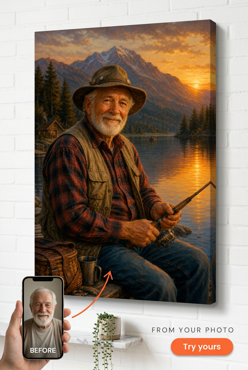 Custom Family Portrait for Man — Serene Fishing Scene Canvas