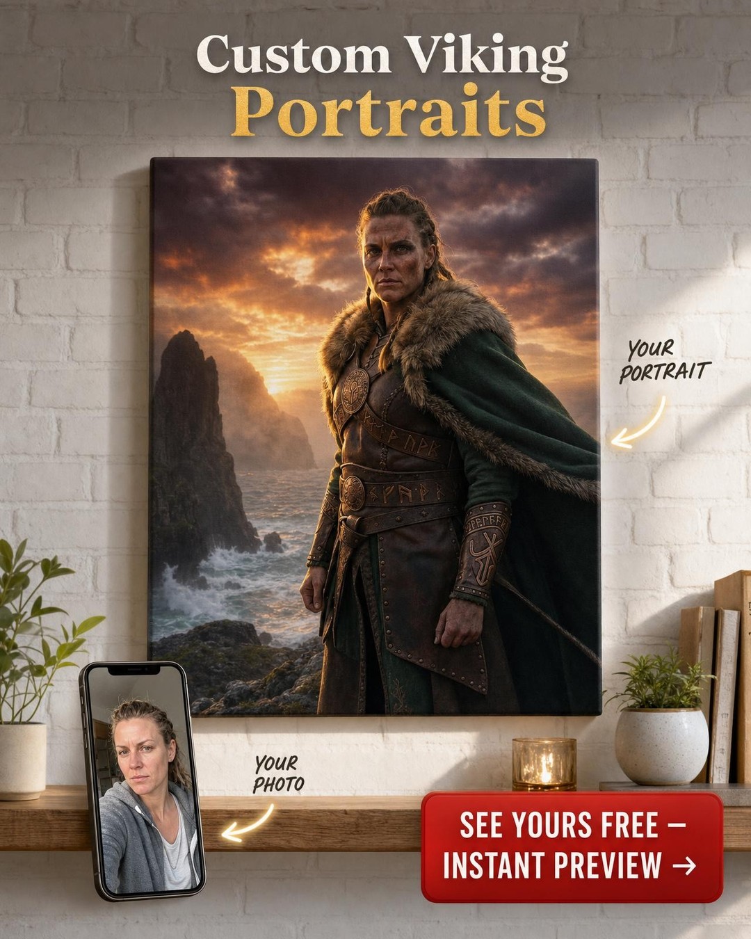 Custom Viking Man Portrait — Heroic Armor Canvas from Photo