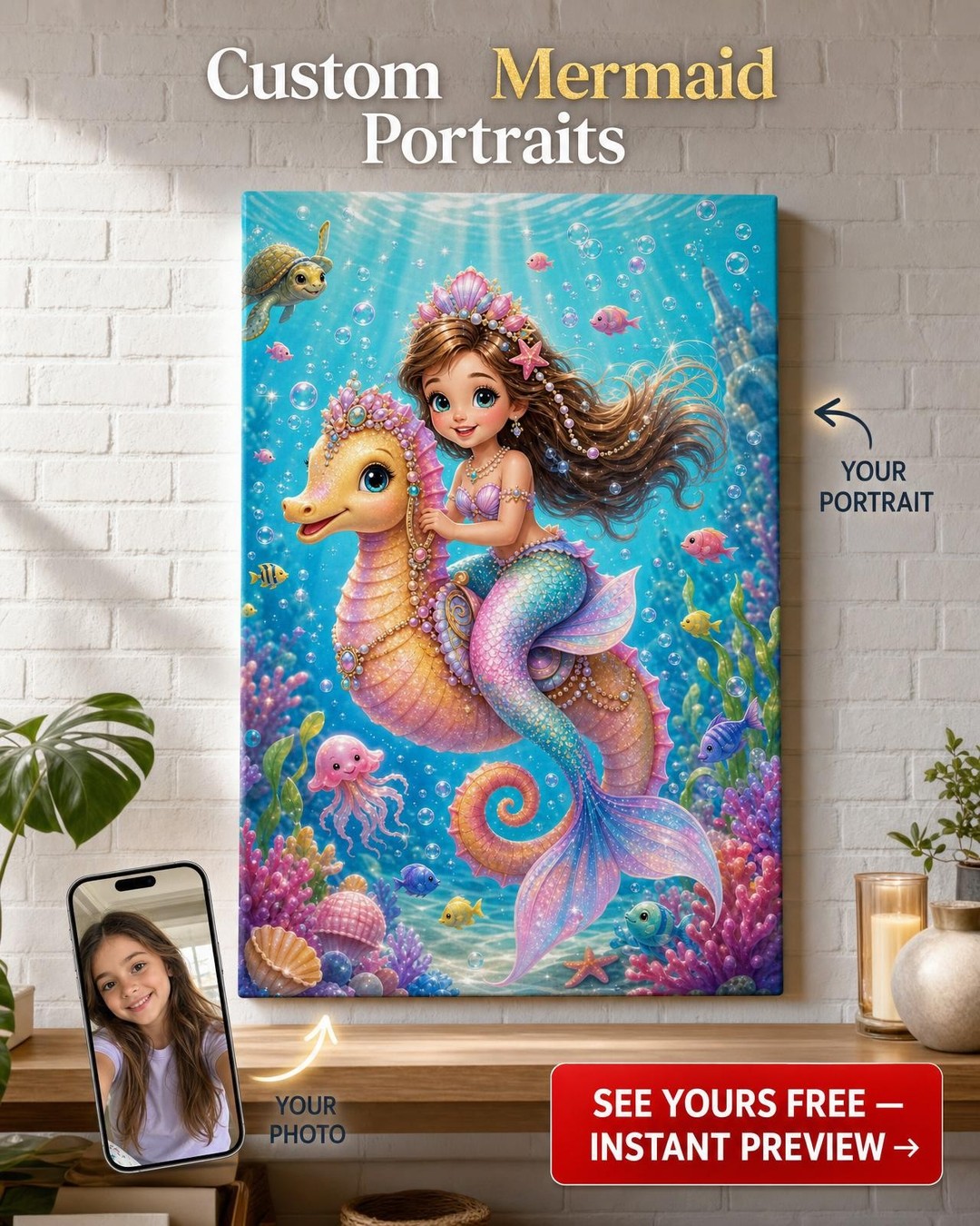 Seahorse Friend Little Mermaid — photoreal canvas with face-swap on a template