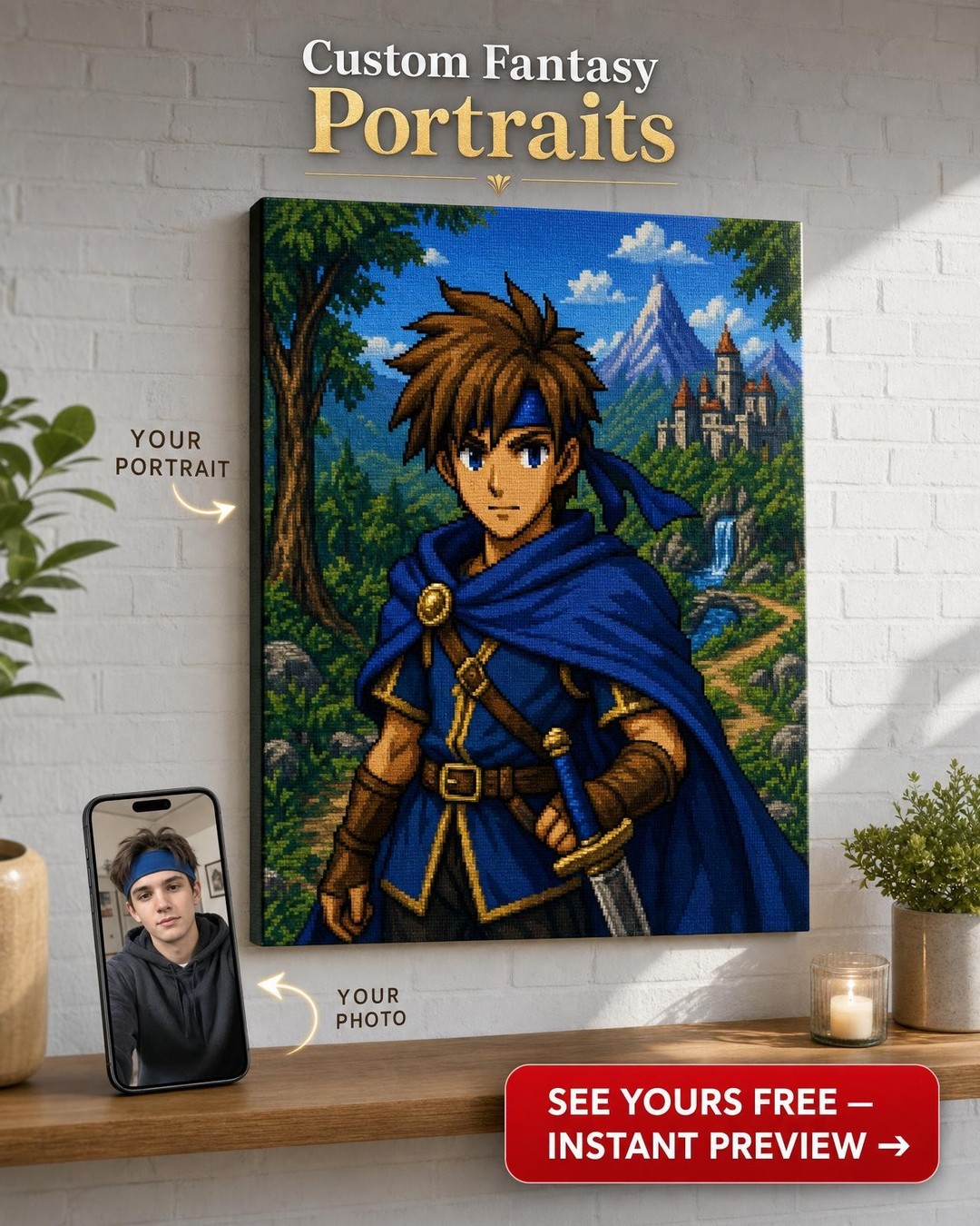 Custom PixelArt Single-Man Portrait — Heroic Canvas from Photo