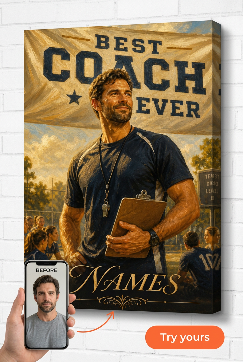 Best Coach Ever Gift — Heroic Coach Portrait Canvas from Photo