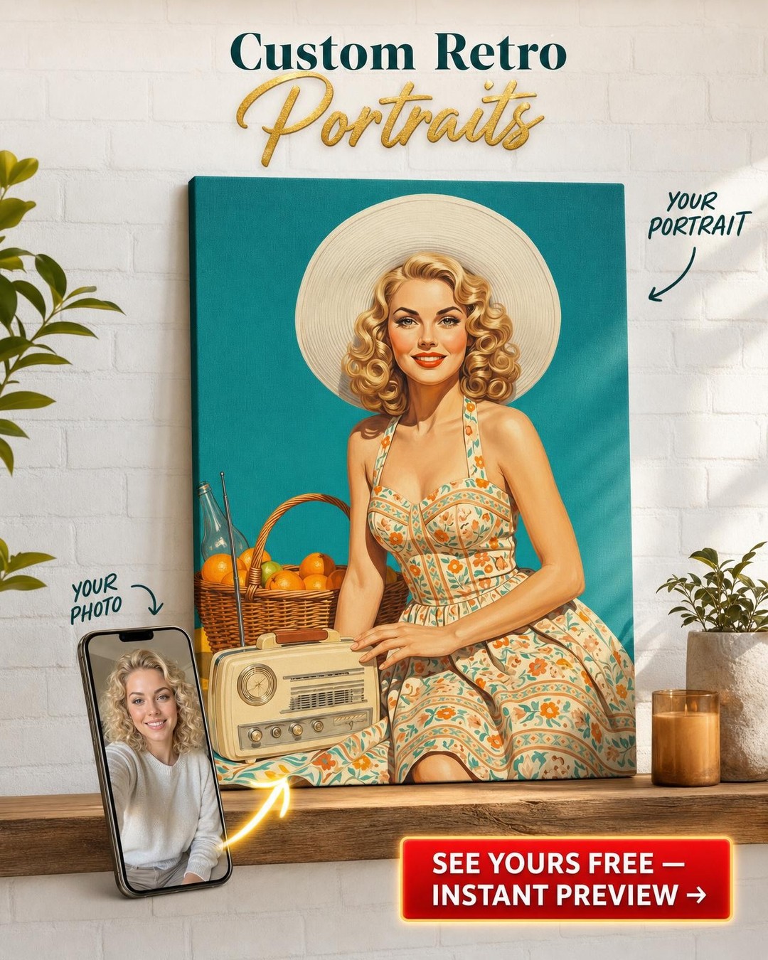 Vintage Pin Up Custom Portrait from Photo | Personalized Canvas Gift