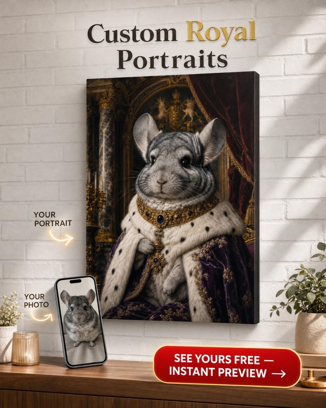 Custom Royal Pet Portrait — Regal Cat Canvas from Photo