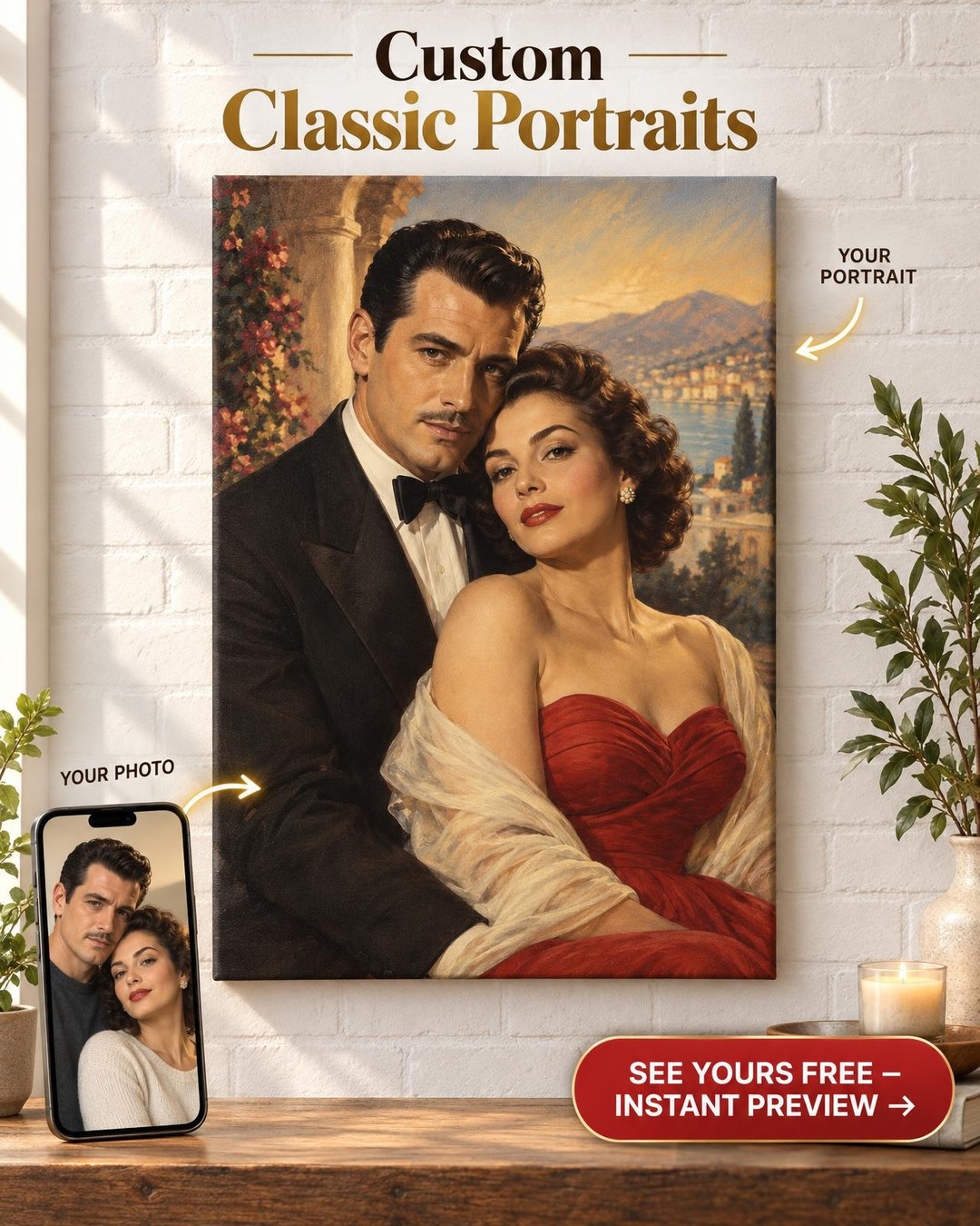 1950s Hollywood Movie Poster Custom Portrait from Photo | Personalized Canvas Gift