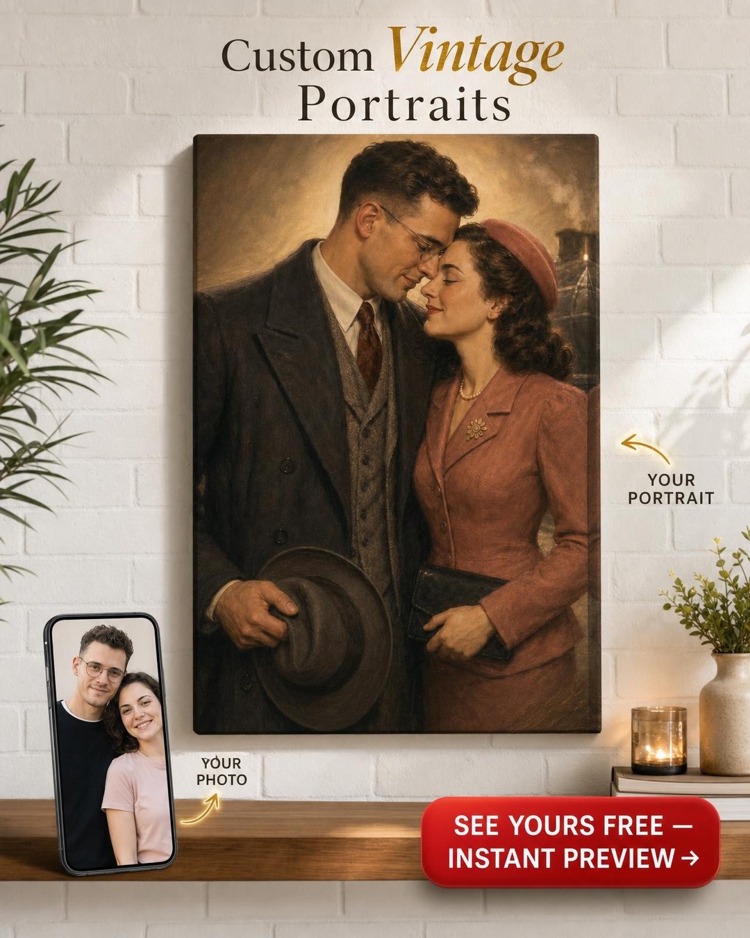 Custom 1940s Hollywood Train Station Couple Portrait from Photo | Personalized Gift