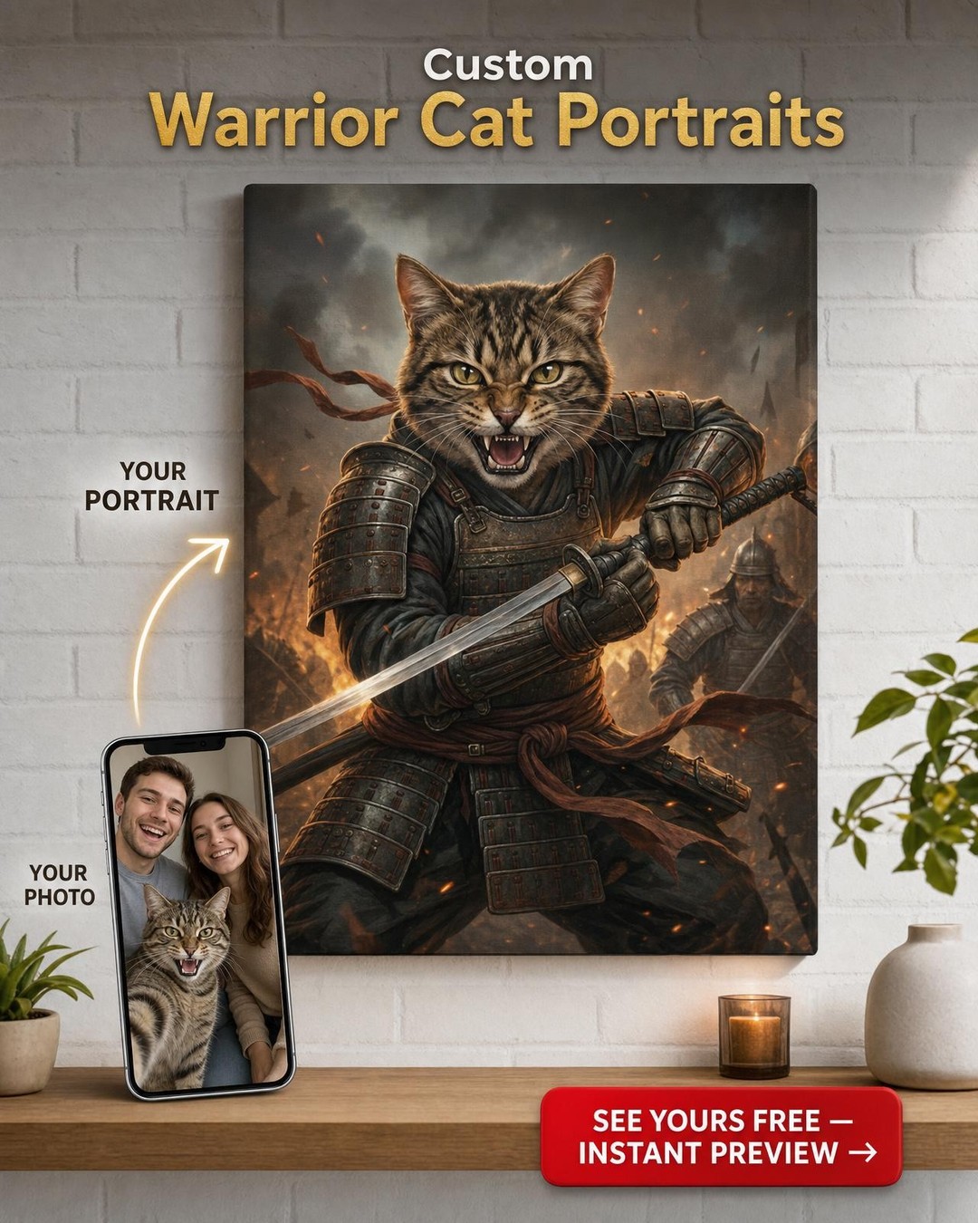Custom Samurai Cat Portrait — Heroic Warrior Canvas from Photo