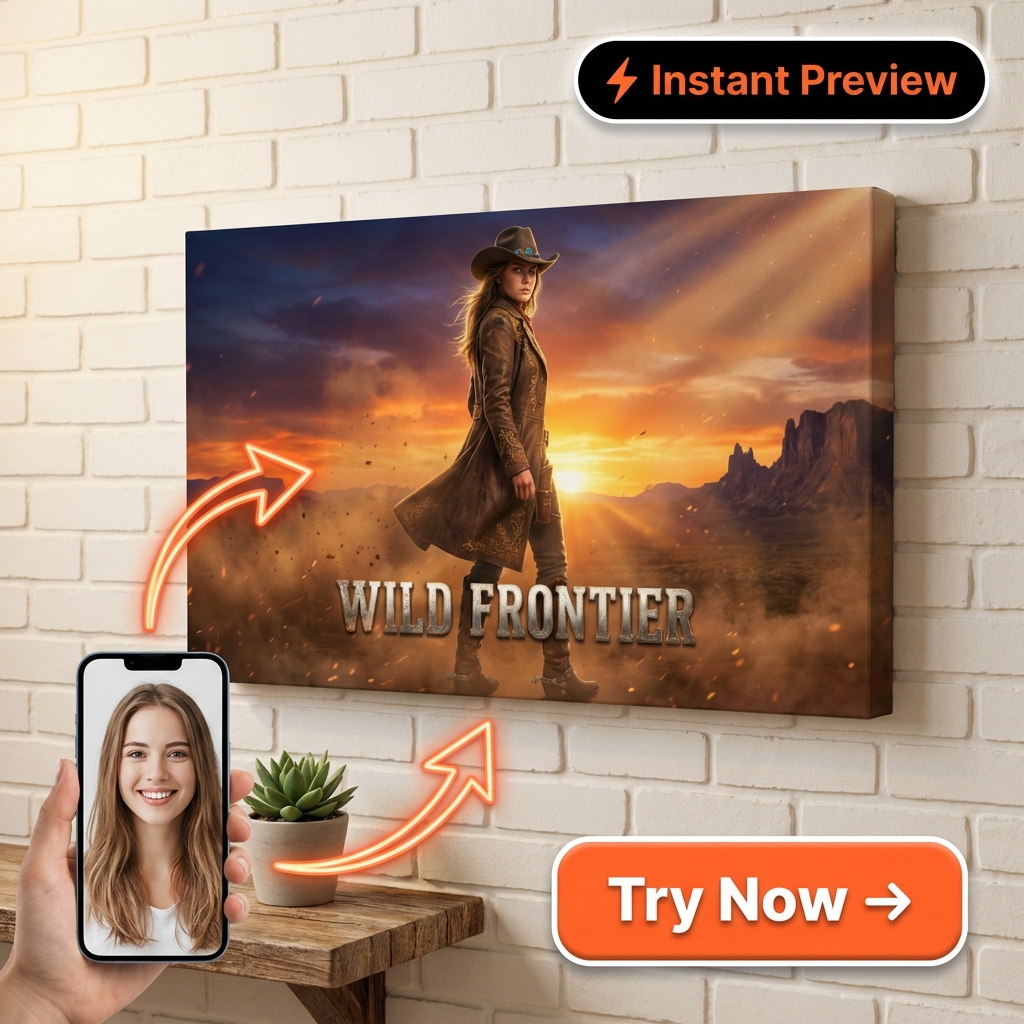 Custom Cowgirl Portrait Canvas — Heroic Wild West Art for Woman