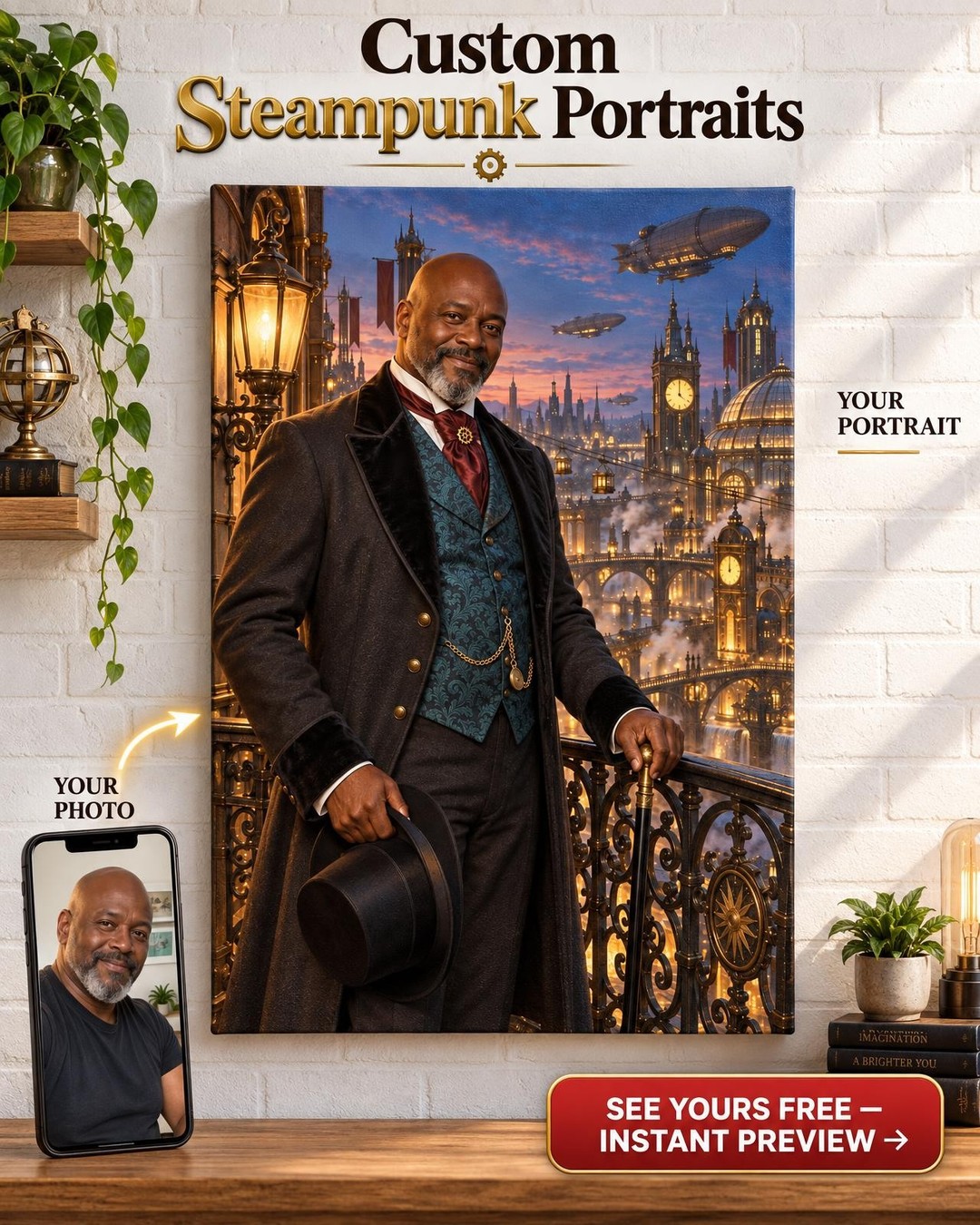 Steampunk Gentleman Custom Portrait from Photo | Personalized Steampunk Airship Canvas Gift