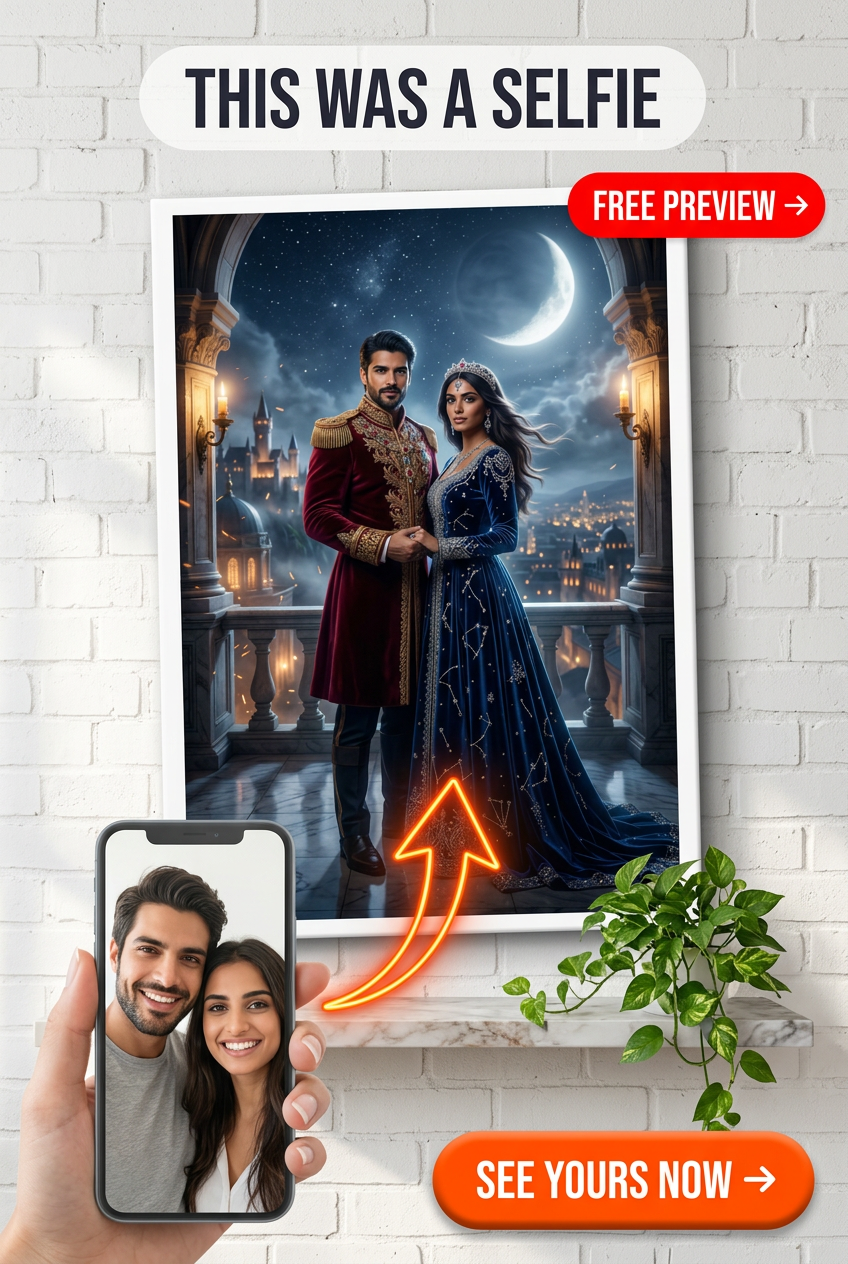 Custom Royal Couple Portrait — Romantic Castle Canvas from Photo