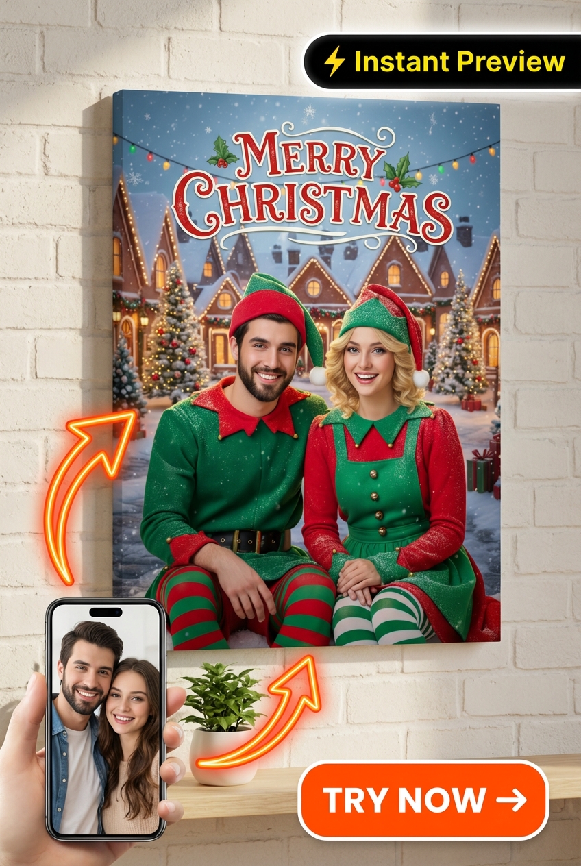 Custom Christmas Couple Portrait — Festive Elf Canvas from Photo