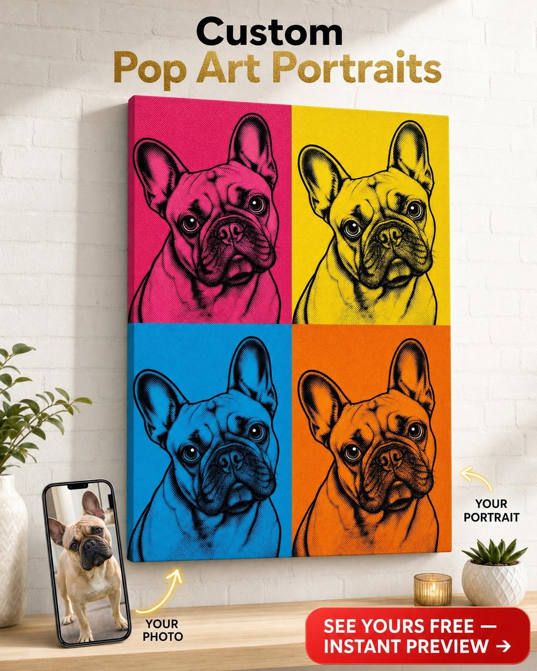 Custom Pop Art Dog Portrait — Whimsical French Bulldog Canvas