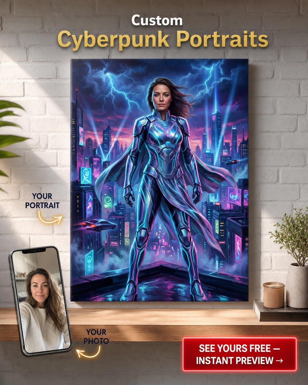 Custom Cyberpunk Man Portrait — Heroic Neon Armor Canvas