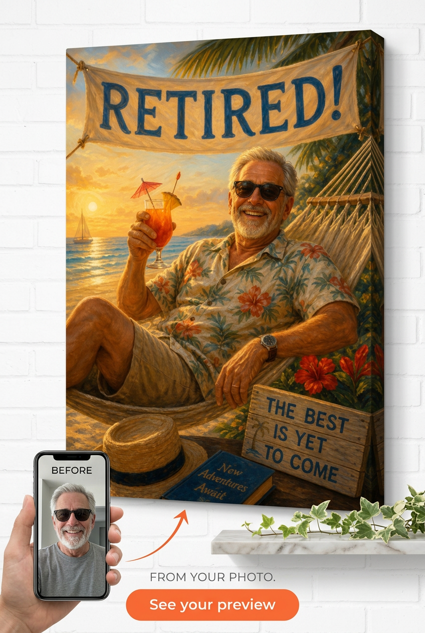 Custom Retirement Single-Man Portrait — Festive Beach Escape Canvas