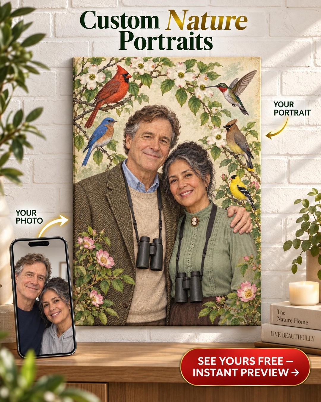 Antique Bird Plate Couple Custom Portrait from Photo | Personalized Birdwatching Portrait Gift
