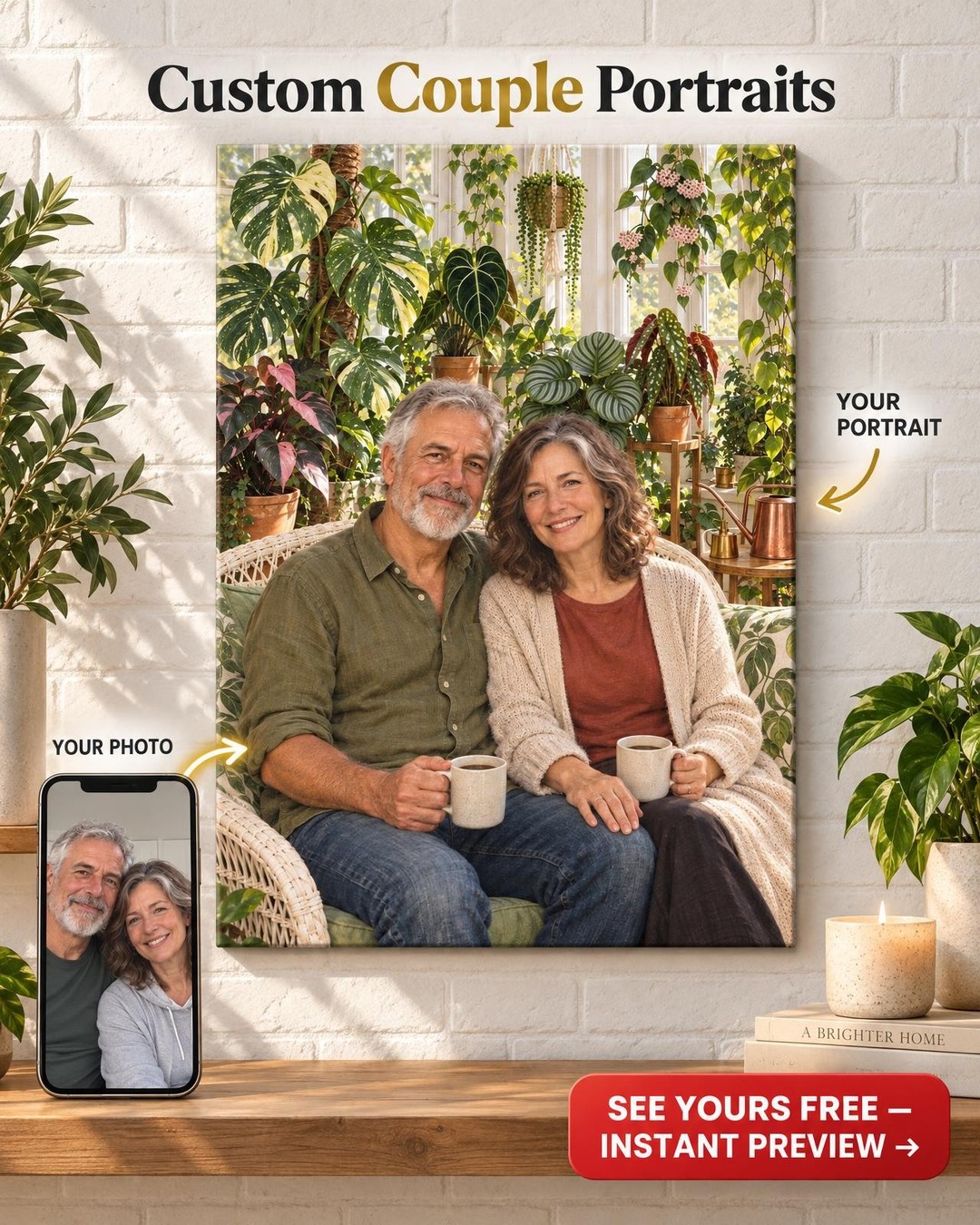 Sunroom Jungle Couple Custom Portrait from Photo | Personalized Houseplants Portrait Gift