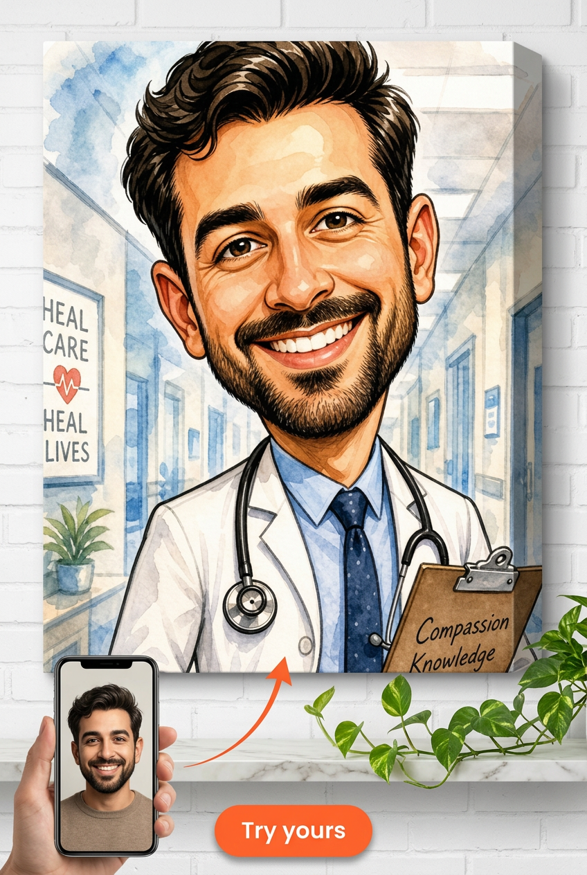 Custom Caricature Single Man Portrait — Whimsical Doctor Gift Canvas