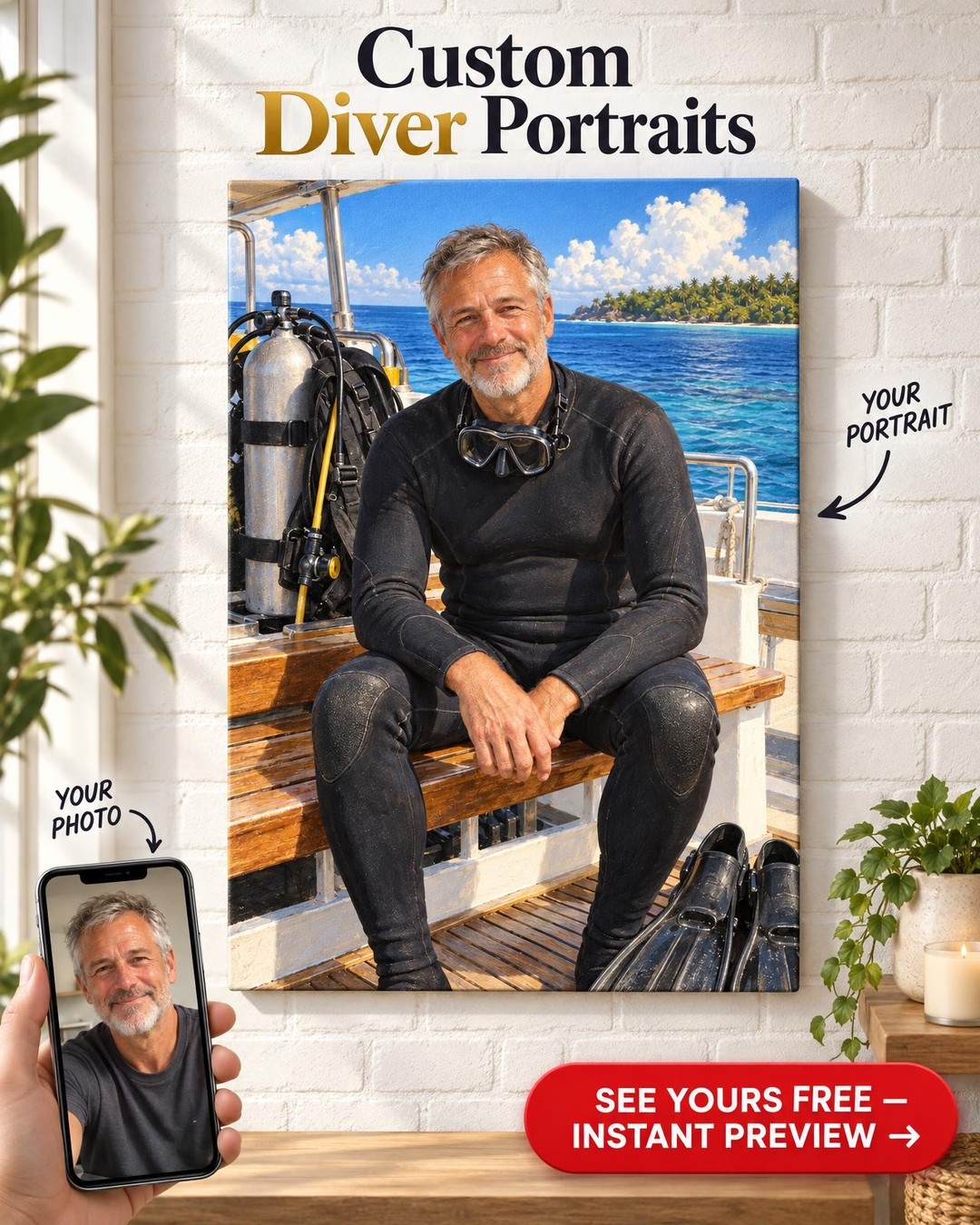 Scuba Diver for Him Custom Portrait from Photo | Personalized Diving Gift