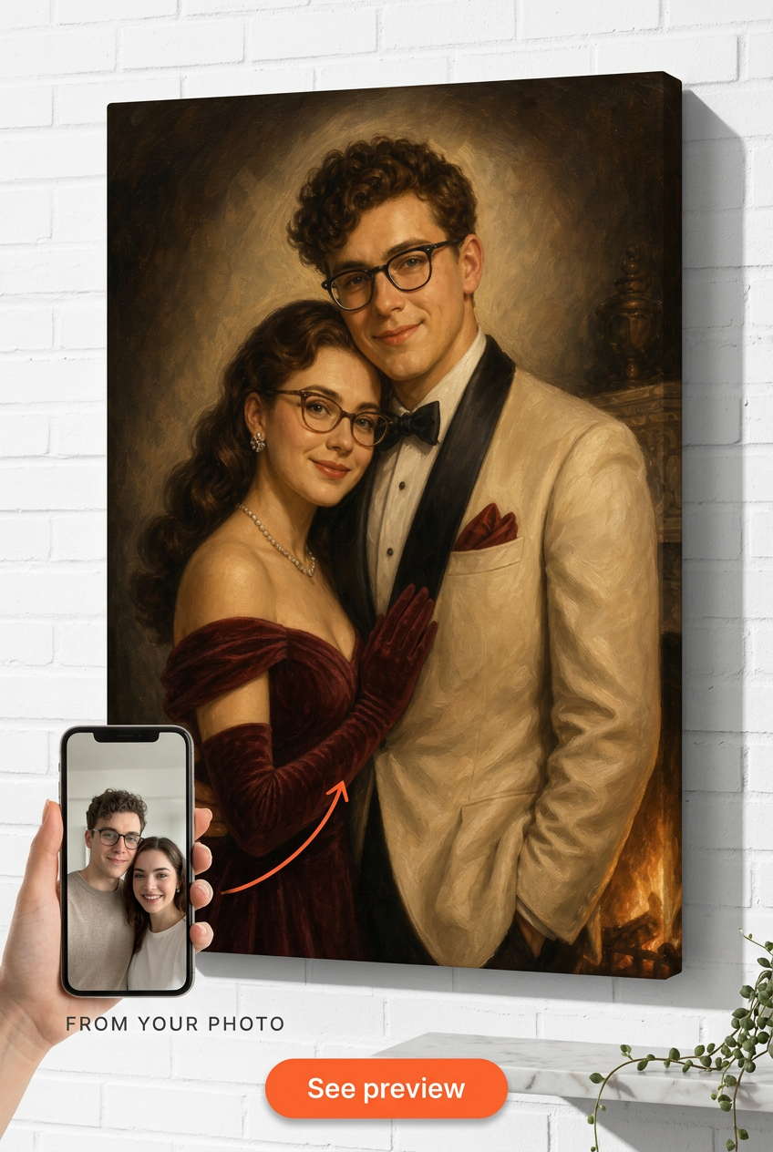 Custom 1940s Hollywood Couple by Fireplace Portrait from Photo | Personalized Undefined Gift