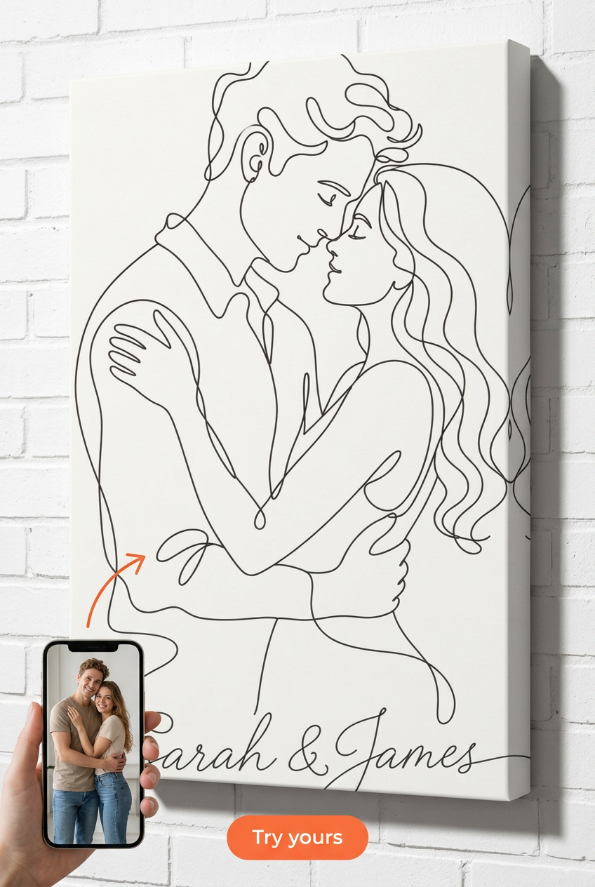 Custom Line Drawing Couple Portrait — Romantic Minimalist Canvas