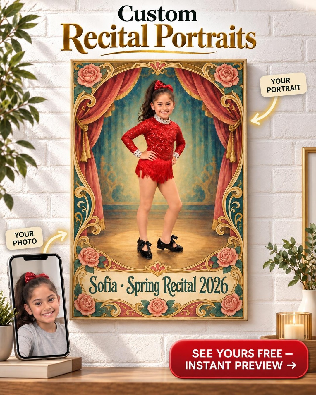 Vintage Art Nouveau Dance Recital Portrait Custom Canvas | Personalized Gift