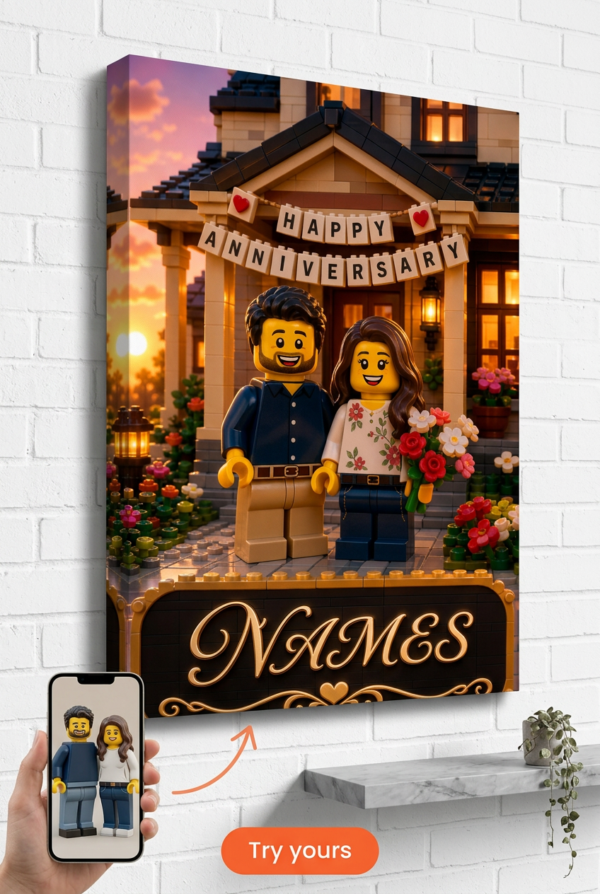 Custom Brick Minifigure Anniversary Couple Portrait | Personalized Undefined Gift