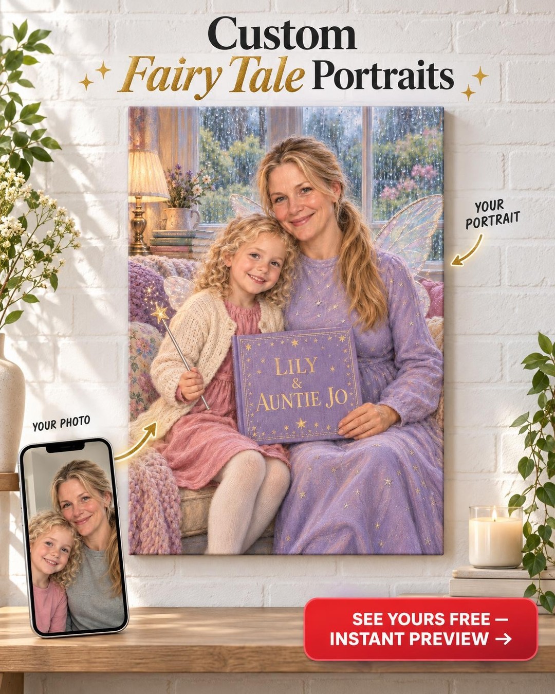 Rainy Afternoon Window Seat Fairy Godmother Custom Portrait from Photo | Personalized Canvas Gift