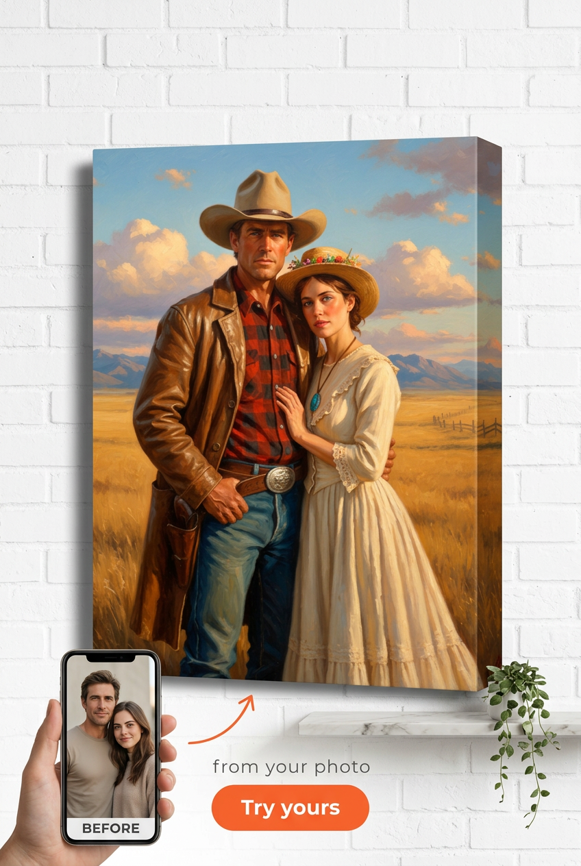 Custom Cowboy Couple Portrait — Wild West Romance Canvas
