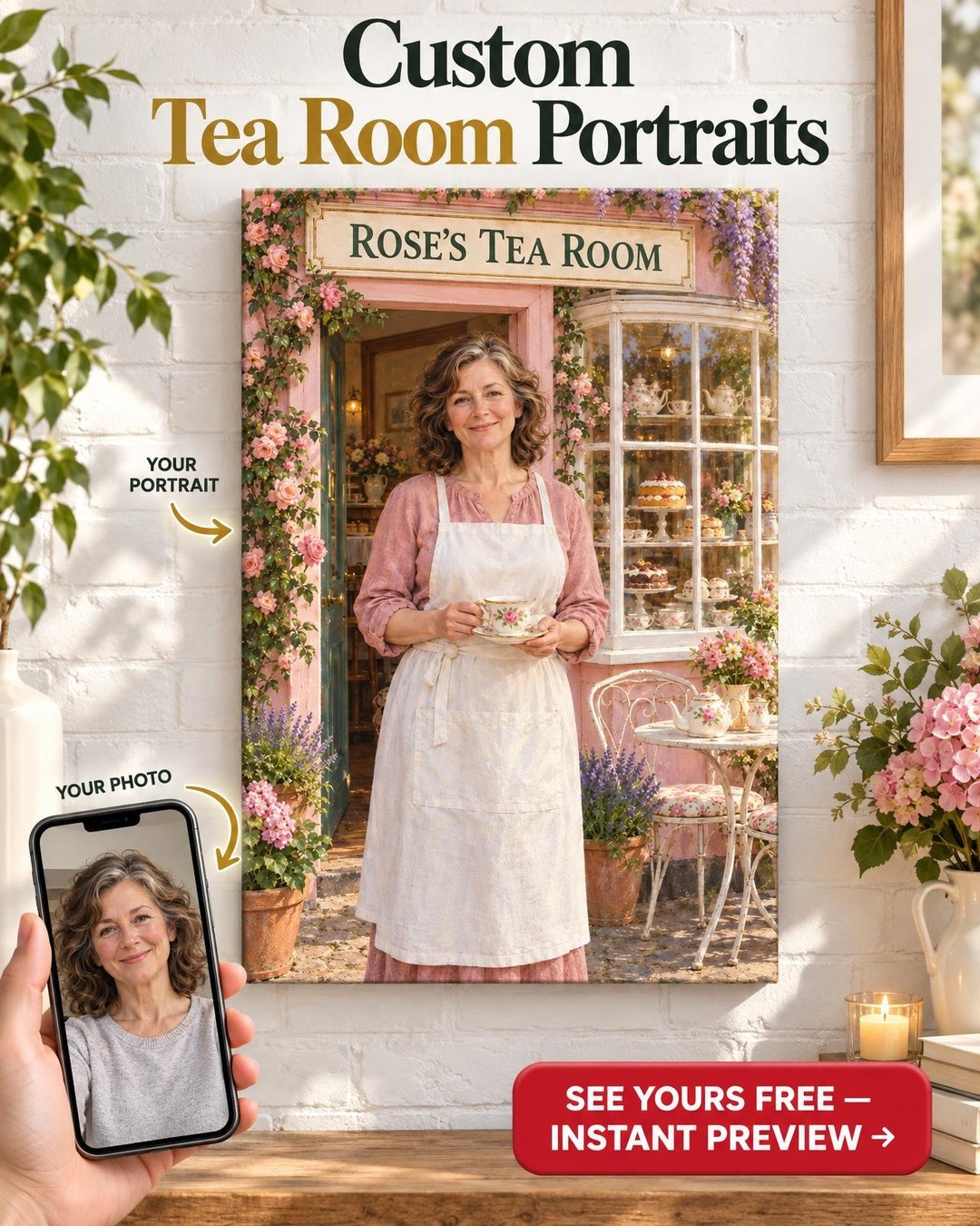 Her Own Tea Room Custom Portrait from Photo | Personalized Tea Lover Gift