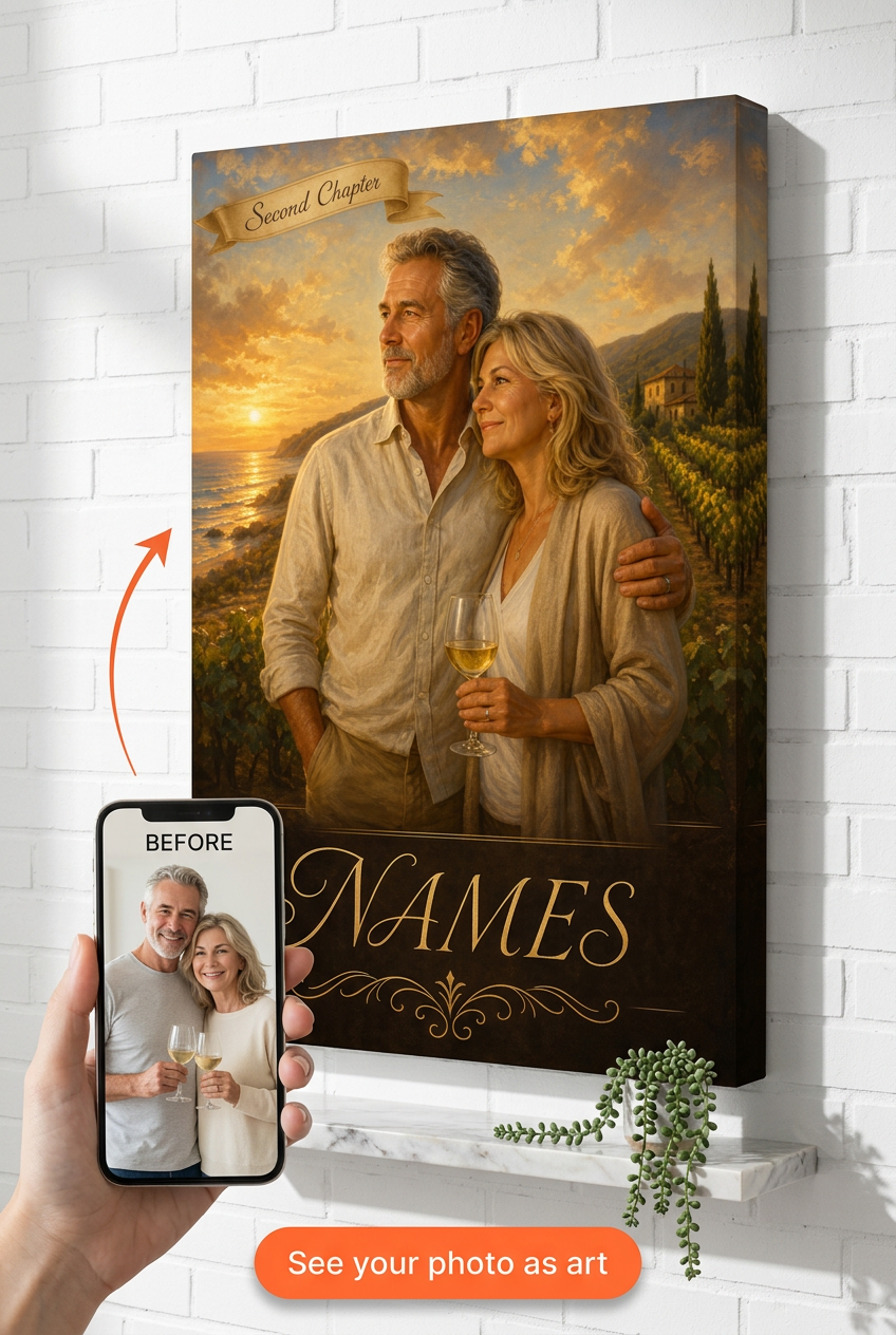 Custom LifeTransition Couple Portrait — Vineyard Sunset Embrace from Photo