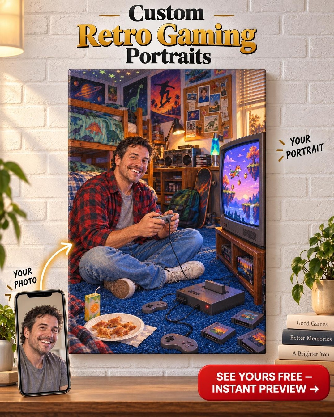 Player One Retro Gamer Custom Portrait from Photo | Personalized Retro Gamer Gift