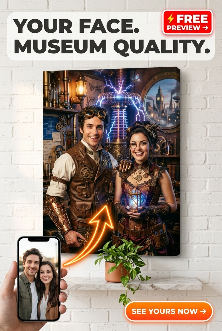 Custom Steampunk Couple Portrait — Whimsical AI Art Canvas